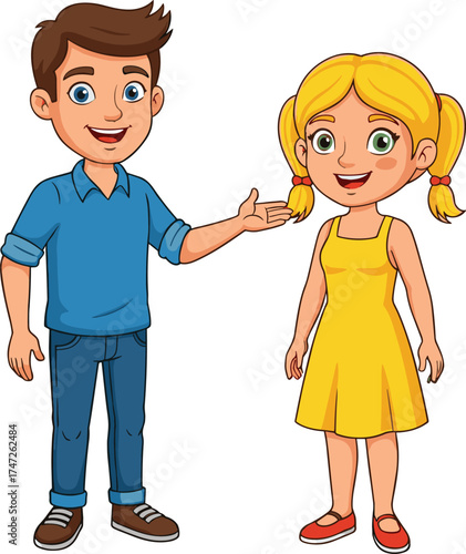 Cartoon boy and girl standing together, smiling characters, colorful clothing, educational illustration, children design, playful, friendly artwork