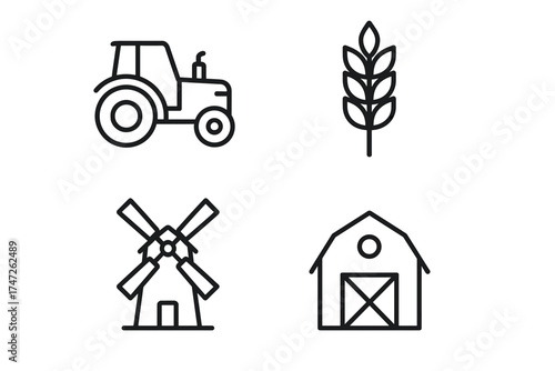 Agriculture icons: tractor, wheat, windmill, barn - farming essentials