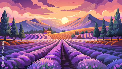 Very beautiful lavender field bathed in warm sunset light, creating a picturesque landscape, vector-style illustration emphasizing vibrant purple hues, soft shadows, and serene, romantic countryside 