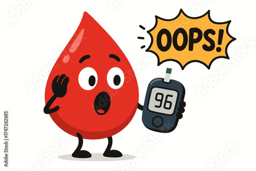 Surprised cartoon blood drop reacting to high glucose reading