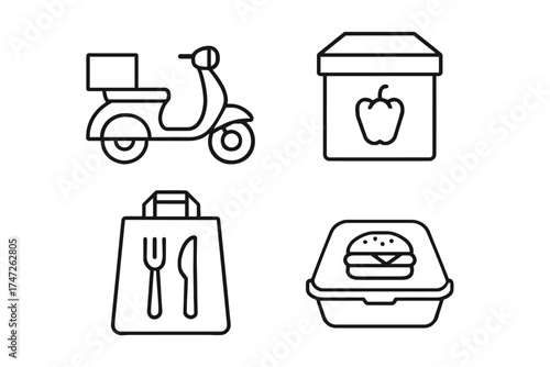 Food delivery icons: scooter, box, bag, burger – simplistic line art