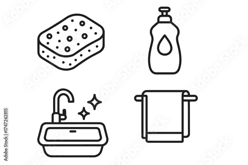 Kitchen cleaning essentials: sponge, dish soap, sink, towel outline icons