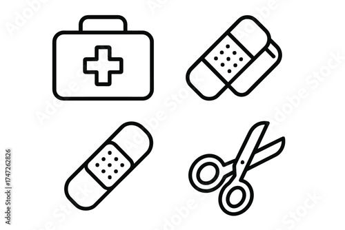 Medical kit icon set with bandages and scissors in black outline