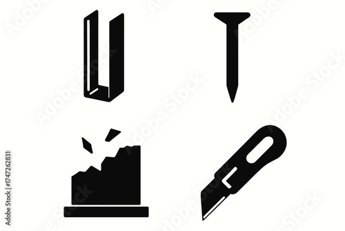 Silhouette icons of metal beam, nail, broken glass, and utility knife tools