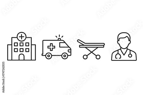 Medical icons: hospital, ambulance, stretcher, doctor