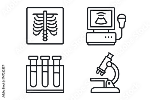 Medical equipment icons: x-ray, ultrasound, test tubes, microscope
