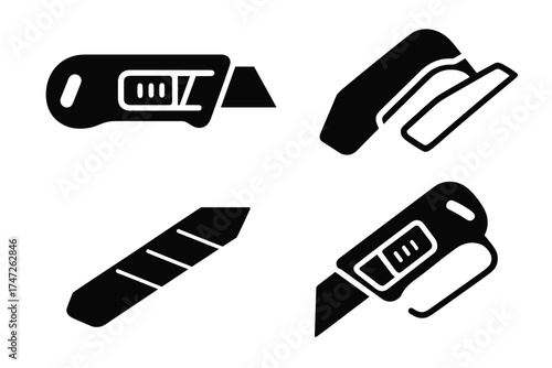 Set of utility knives in different positions silhouette vector