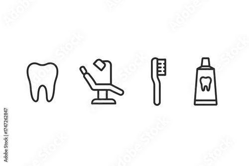 Dental care icons: tooth, dental chair, toothbrush, toothpaste - simplistic line art