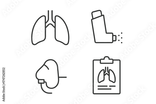 Medical icons: lungs, inhaler, ventilator, medical chart illustrations