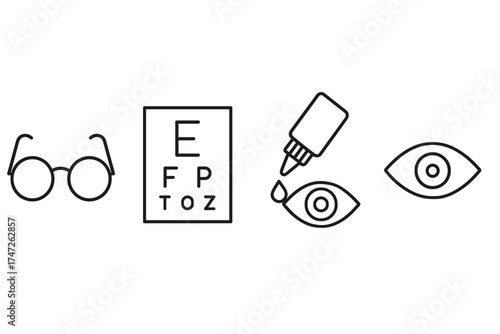 Vision care essentials: glasses, eye chart, eye drops, eye symbols