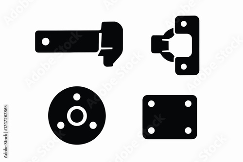 Silhouette icons of mechanical tools and hardware components on white background