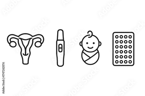 Uterus, pregnancy test, baby, and birth control icon set