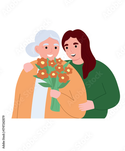 An elderly woman hugs her daughter. A grandmother with a bouquet of flowers is being cared for. Vector flat graphics.