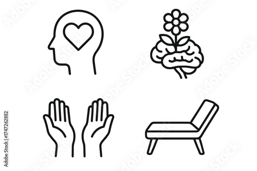 Mental health therapy icons: heart brain hands chair line art