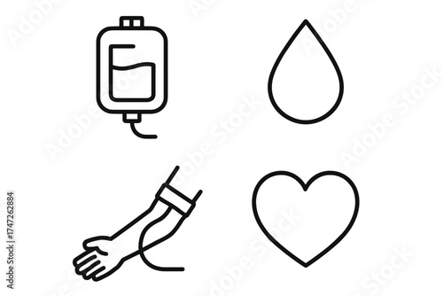 Blood donation symbols: bag, drop, arm, heart icons for medical and charity