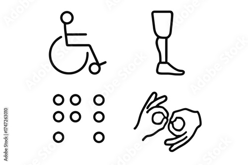 Accessibility symbols: wheelchair, prosthetic leg, braille, sign language icons in black outline