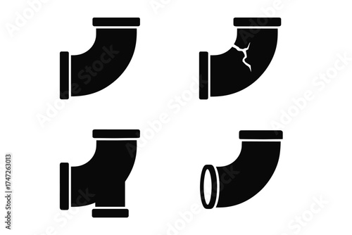 Set of pipe icons: cracked, leaking, and fixed plumbing symbols