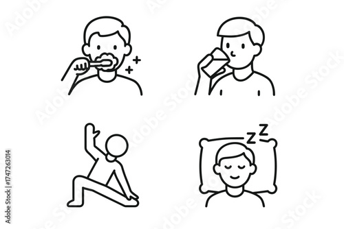 Daily routine line art: brushing teeth, drinking water, exercising, sleeping