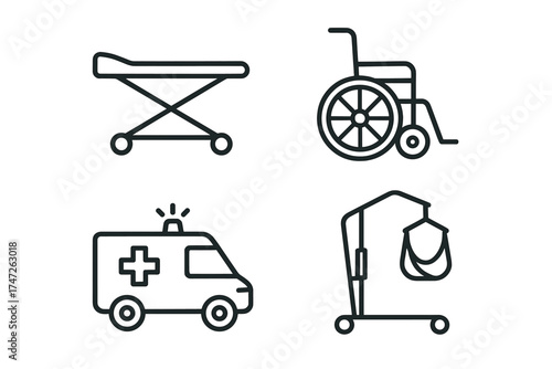 Medical equipment icons: ambulance, wheelchair, stretcher, patient lift symbols