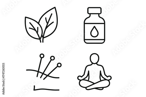 Holistic medicine symbols: leaves, bottle, acupuncture, meditation icon set