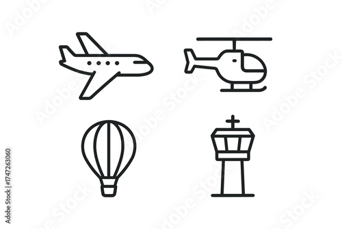 Icon set of airplane, helicopter, hot air balloon, and control tower