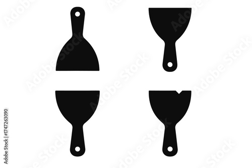 Set of four black putty knife silhouettes on white background