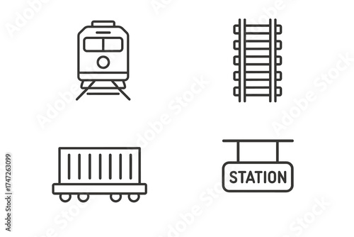 Minimalist icons of train, railway, freight wagon, and station sign