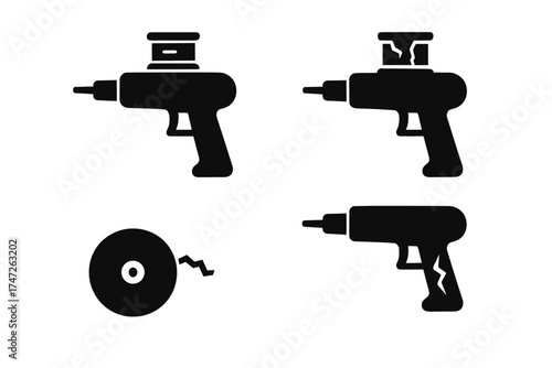 Set of black silhouette cordless drills and power tools on white background