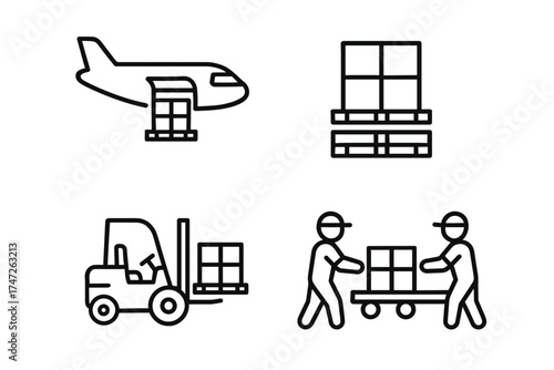 Logistics and transportation icons: airplane, pallet, forklift, workers