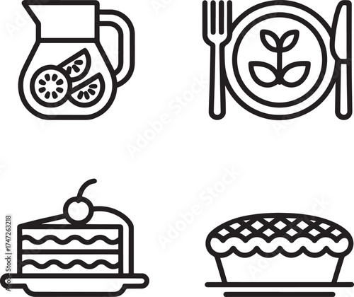 Four icons representing food and drink items with a pitcher and desserts Keywords: food, drink