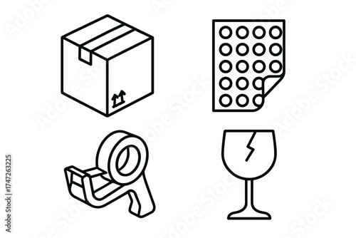 Packaging symbols: box, bubble wrap, tape dispenser, fragile glass icon set