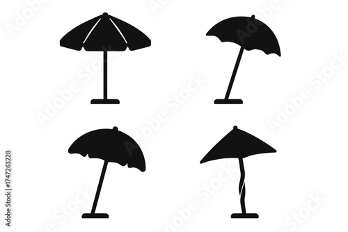 Set of four black silhouette umbrella icons on white background