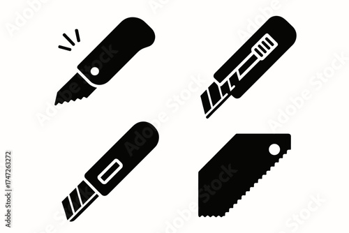 Set of four utility knife silhouettes on white background