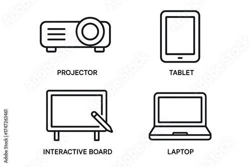 Line art icons of projector, tablet, interactive board, and laptop
