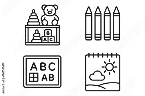 Children's educational toys and activities: crayons, blocks, alphabet, drawing