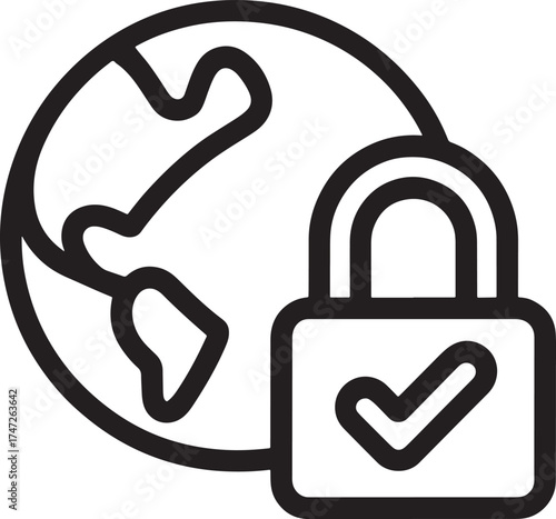 Global Security Lock Icon with Checkmark on White Background Keywords: global, security, lock