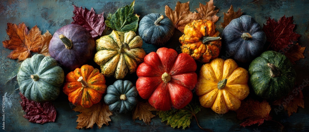 Fototapeta premium Autumn's colorful harvest celebrated on wooden planks. Creative concept. Autumn's splendor: pumpkins, leaves and pinecones on wood. Unusual perspectives. Dreamlike imagery.