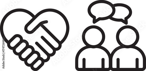Iconographic representation of a handshake forming a heart and two figures with speech bubbles love