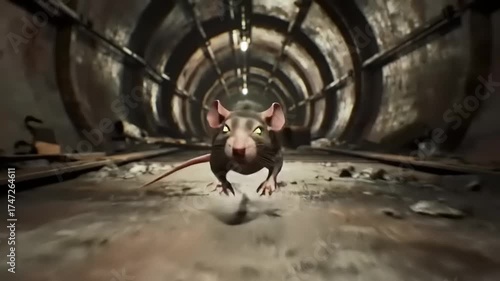A brown rat with glowing eyes runs directly towards the camera down a dark, grimy, circular sewer tunnel.