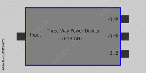 SMA RF Three-Way Power Divider Vector Diagram. Clean vector illustration of an SMA RF three-way power divider with labeled ports, suitable for electronics, RF engineering, or telecommunications visual
