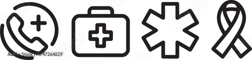 Medical and health awareness icons including phone call first aid and ribbon emergency help