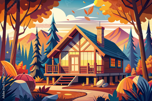 vector of Cozy fall cabin with sunlit porch and fire in vibrant forest setting