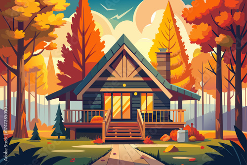 vector of Cozy fall cabin with sunlit porch and fire in vibrant forest setting