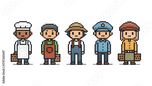 Pixel NPC Character Icon Set on White Background simple human silhouettes, villagers, guards, shopkeepers, flat pixel art