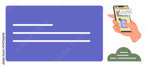 Hand holding smartphone displaying text message security code, cloud icon, and login interface. Ideal for security, technology, authentication, verification, cloud computing, mobile usage simple