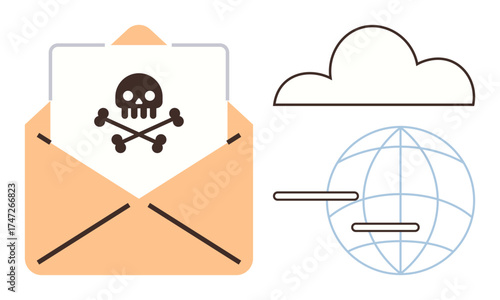 Open envelope revealing malware warning, with cloud and globe indicating global digital connectivity. Ideal for cybersecurity, data protection, online threats, IT security, digital safety, email