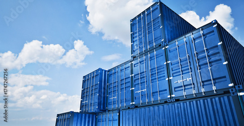 blue Containers box from Cargo freight ship for import export, logistic concept