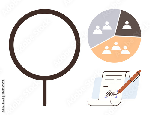 Magnifying glass alongside pie chart displaying team division and signed document with pen. Ideal for analysis, decision-making, research, teamwork, data visualization, approval process, business