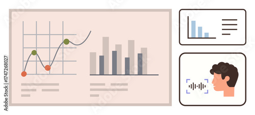 Graph and bar chart on large board, small bar chart, and face profile with voice recognition. Ideal for data monitoring, technology, AI, research, communication analytics education. Simple flat
