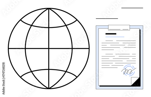 Globe representing global scale and clipboard with signed document symbolizing agreement. Ideal for business, legal, globalization, trade, partnerships, compliance, negotiation themes. Simple flat
